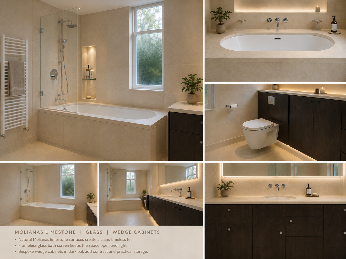 Bespoke limestone bathroom · glass & dark-oak cabinetry